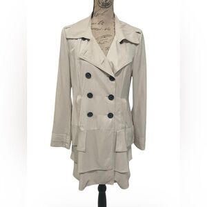 Kensie Cream Double Breasted Ruffle Hem Trench Coat Jacket Medium Pockets